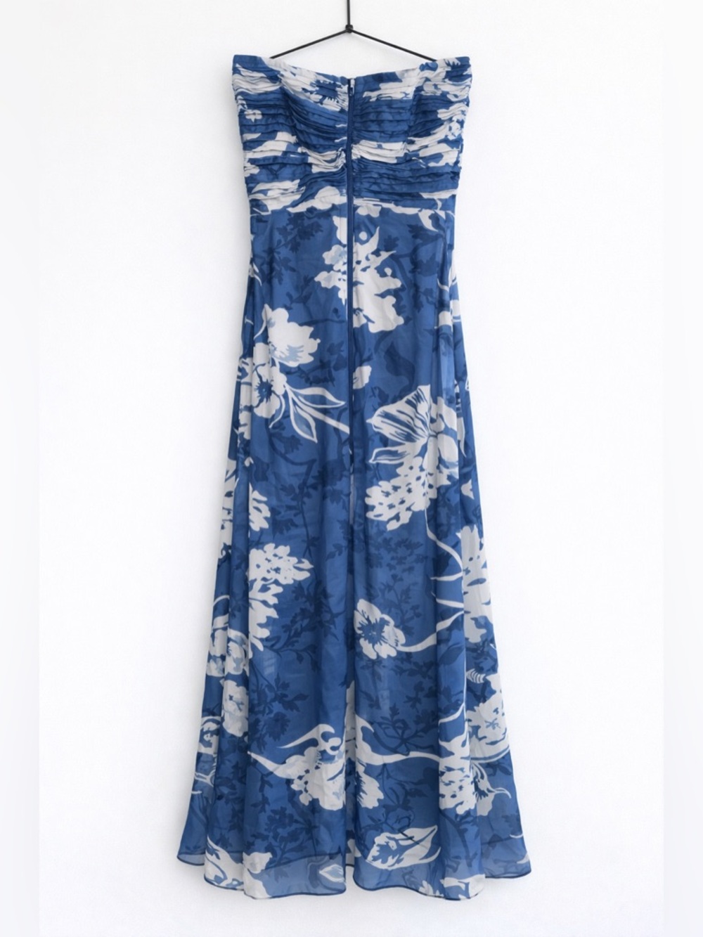 Tadashi Shoji Silk Strapless Floral Midi Dress Blue Pleated Formal 4 - Picture 4 of 13